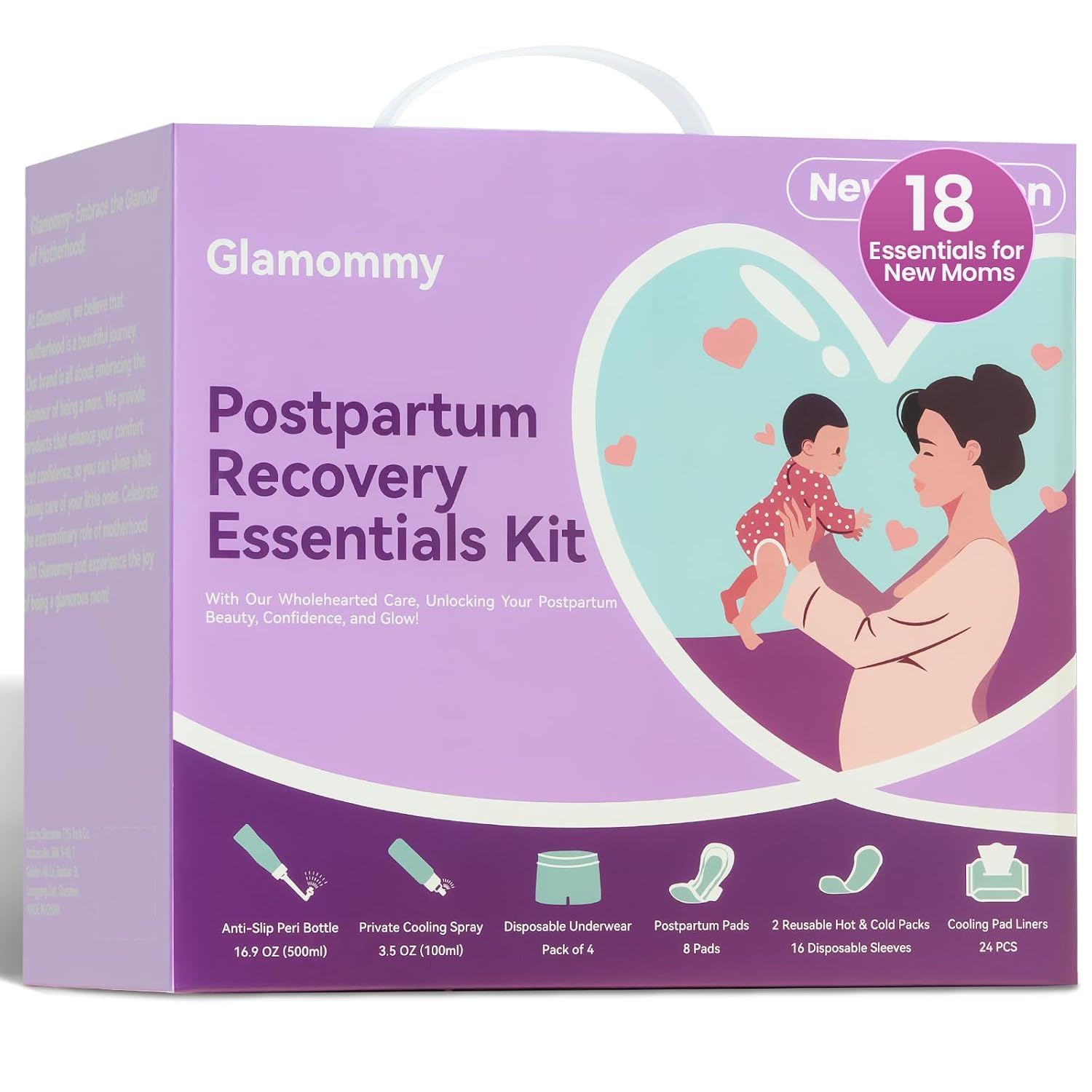 Glamommy Postpartum Recovery Essentials Kit, Labor & Delivery Care for Mom | Includes peri bottle, cooling spray, disposable underwear, postpartum pads, hot & cold packs, soothing liners for postpartum