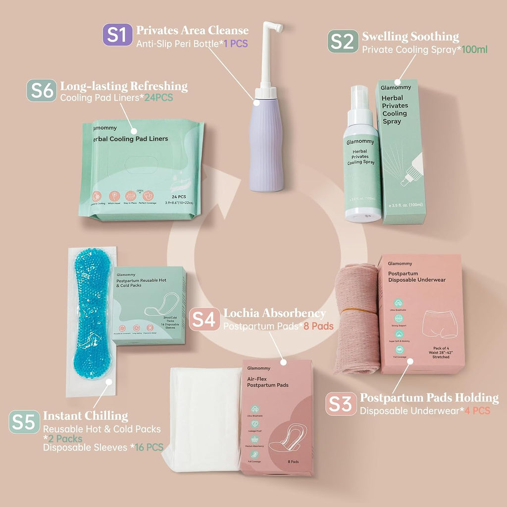 Glamommy Postpartum Recovery Essentials Kit, Labor & Delivery Care for Mom | Includes peri bottle, cooling spray, disposable underwear, postpartum pads, hot & cold packs, soothing liners for postpartum