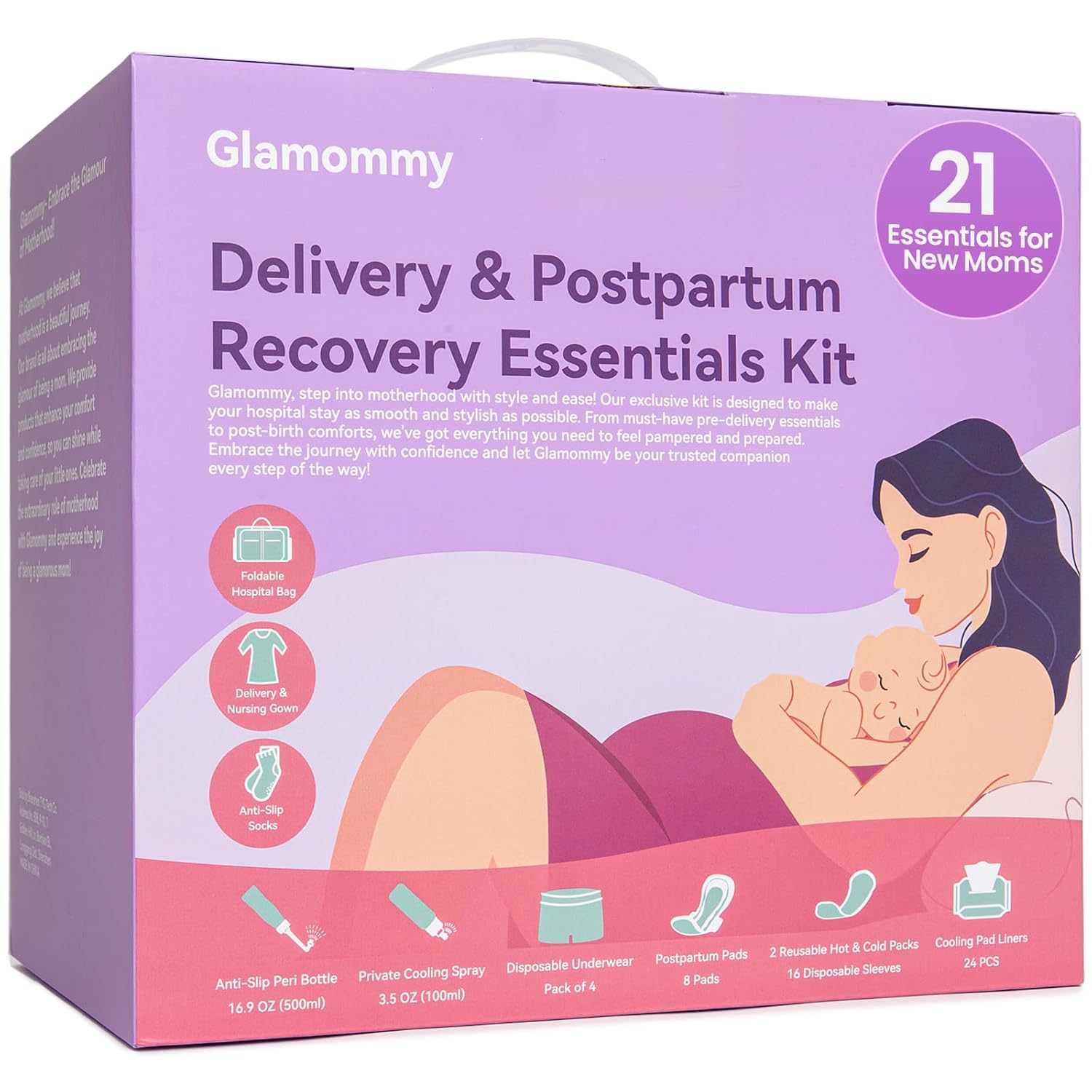 Glamommy Upgraded Postpartum Recovery Essentials Kit for Labor & Delivery | Includes nursing gown, luggage bags, socks, peri bottle, cooling spray, underwear, pads, hot cold packs & cooling liners