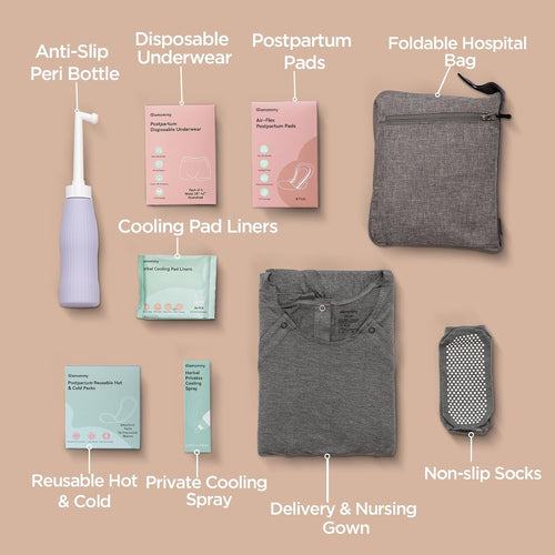 Glamommy Upgraded Postpartum Recovery Essentials Kit for Labor & Delivery | Includes nursing gown, luggage bags, socks, peri bottle, cooling spray, underwear, pads, hot cold packs & cooling liners